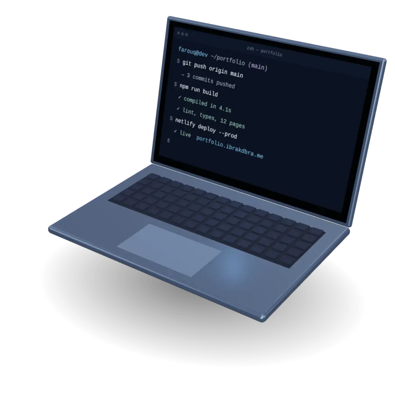 A floating laptop whose terminal builds and deploys this site