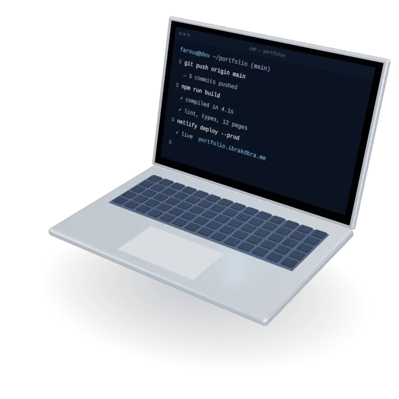 A floating laptop whose terminal builds and deploys this site
