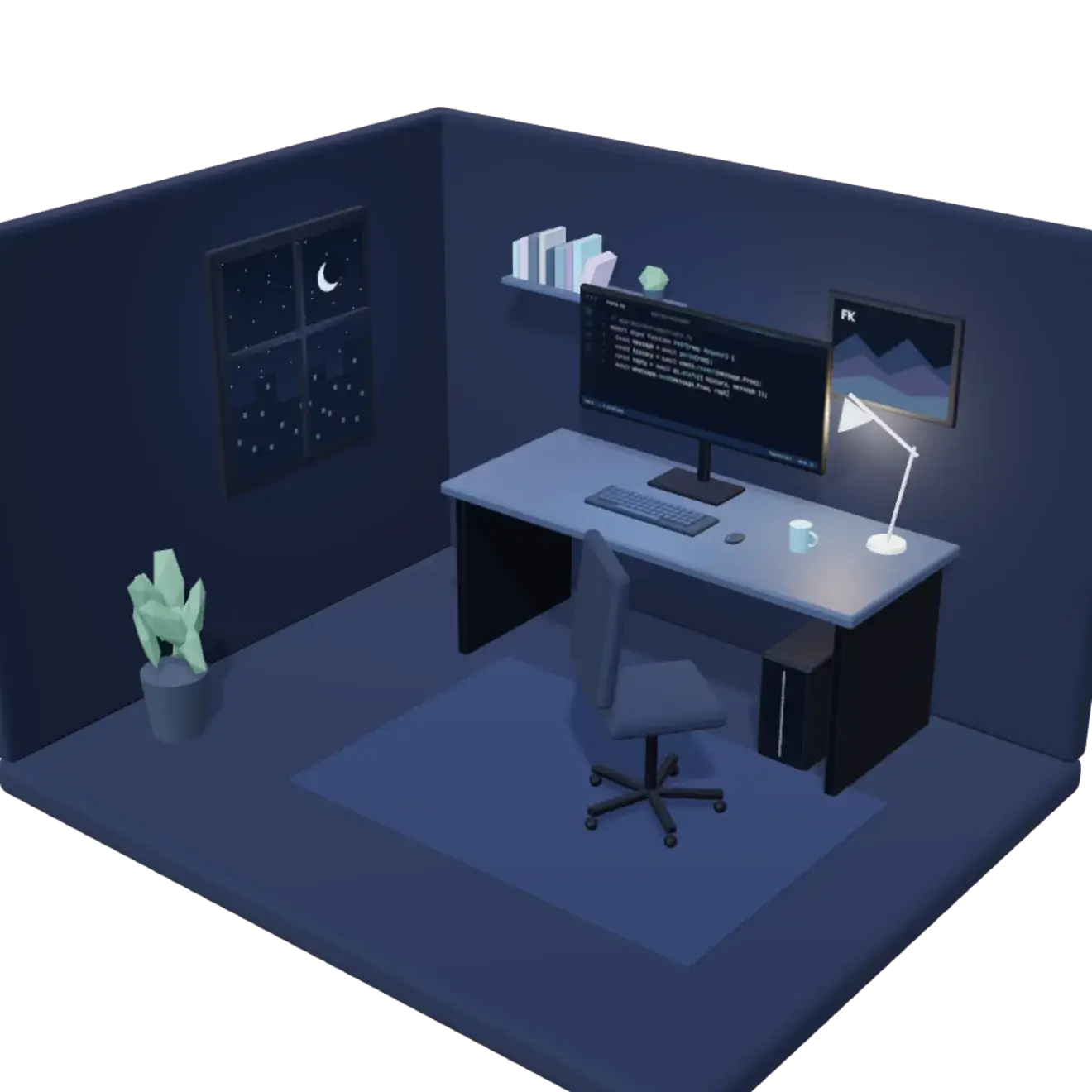 A developer's room: an ultrawide monitor typing code, keyboard, desk lamp, bookshelf and a window