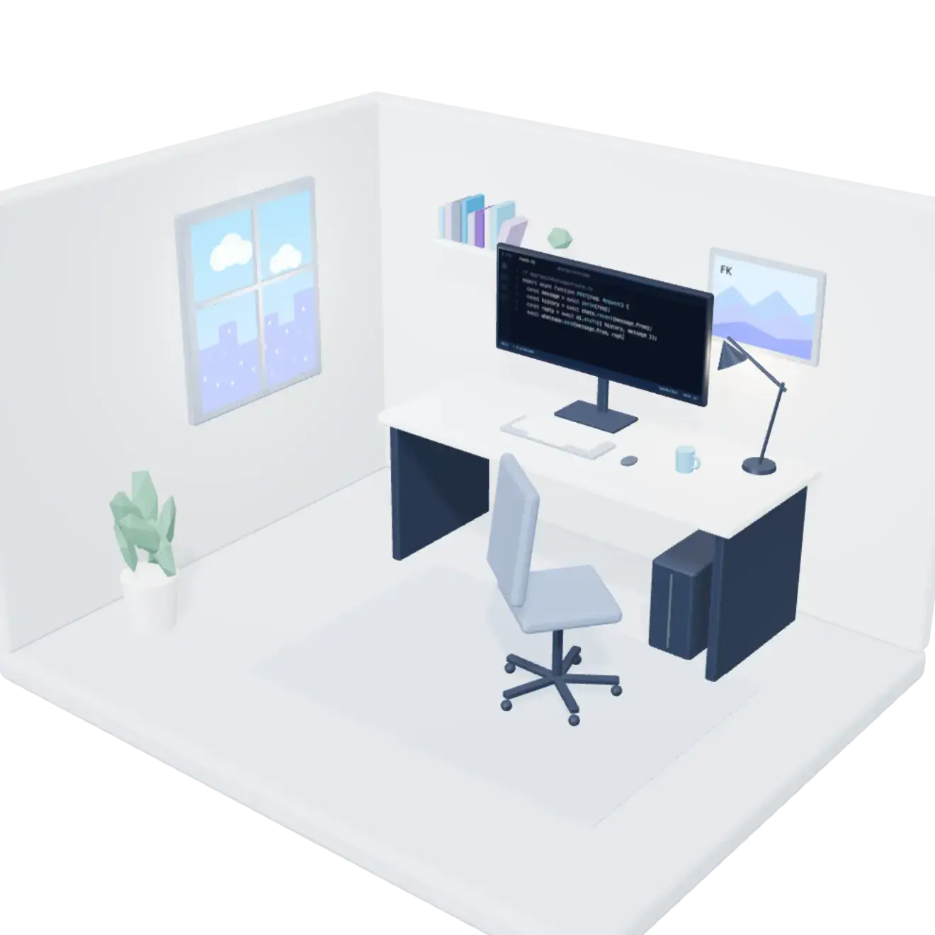 A developer's room: an ultrawide monitor typing code, keyboard, desk lamp, bookshelf and a window